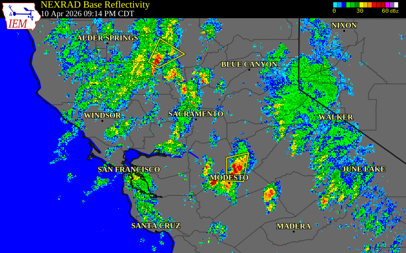 Radar snapshot during the Apr 10, 2026 wind event near 3 SE Florin, Sacramento County, California, with NWS warning polygons