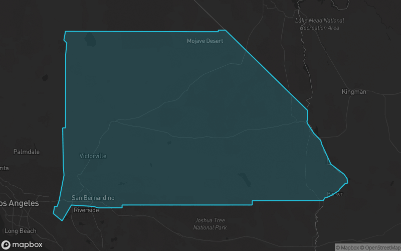 Map of San Bernardino County, California showing the county boundary and surrounding cities