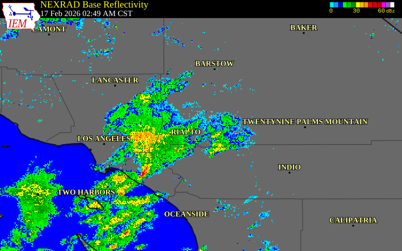 NEXRAD radar during the Tuesday, February 17, 2026 storm activity in San Bernardino County, California