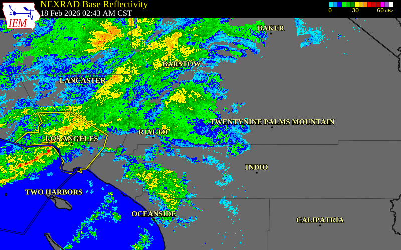 NEXRAD radar during the Wednesday, February 18, 2026 storm activity in San Bernardino County, California