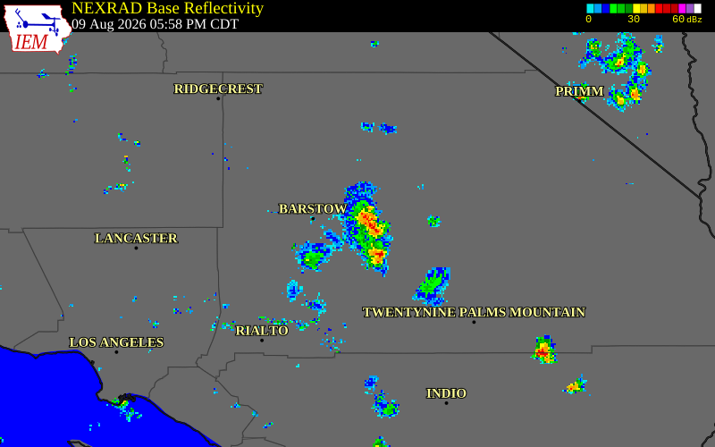 NEXRAD radar during the Sunday, August 9, 2026 storm activity in San Bernardino County, California