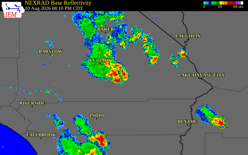 NEXRAD radar during the Monday, August 10, 2026 storm activity in San Bernardino County, California