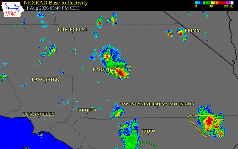 NEXRAD radar during the Tuesday, August 11, 2026 storm activity in San Bernardino County, California