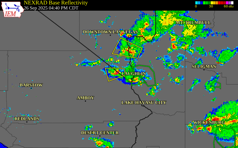 Radar snapshot during the Sep 26, 2025 tornado event near 22 ESE Ivanpah, San Bernardino County, California, with NWS warning polygons