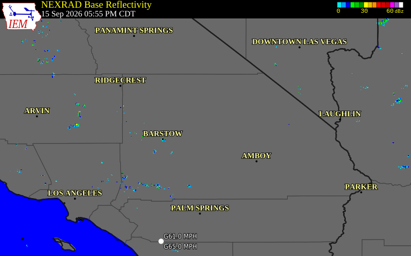 Current NEXRAD radar over San Bernardino County, California with recent storm report locations