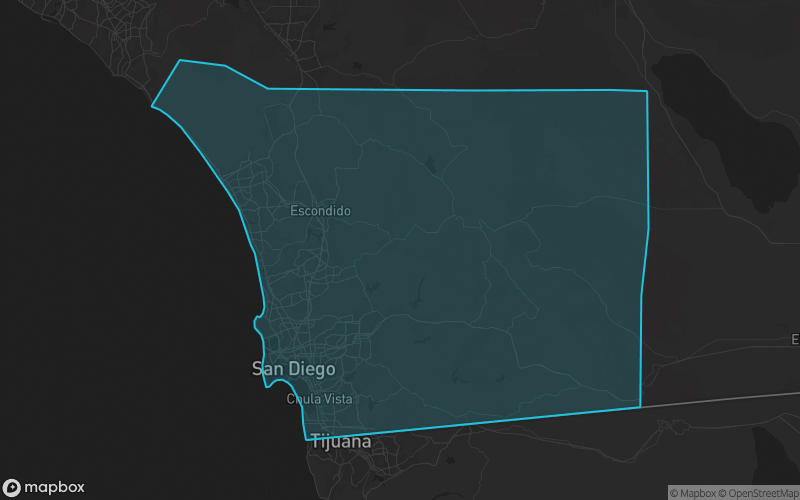 Map of San Diego County, California showing the county boundary and surrounding cities