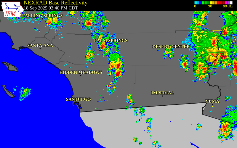 NEXRAD radar during the Thursday, September 18, 2025 storm activity in San Diego County, California