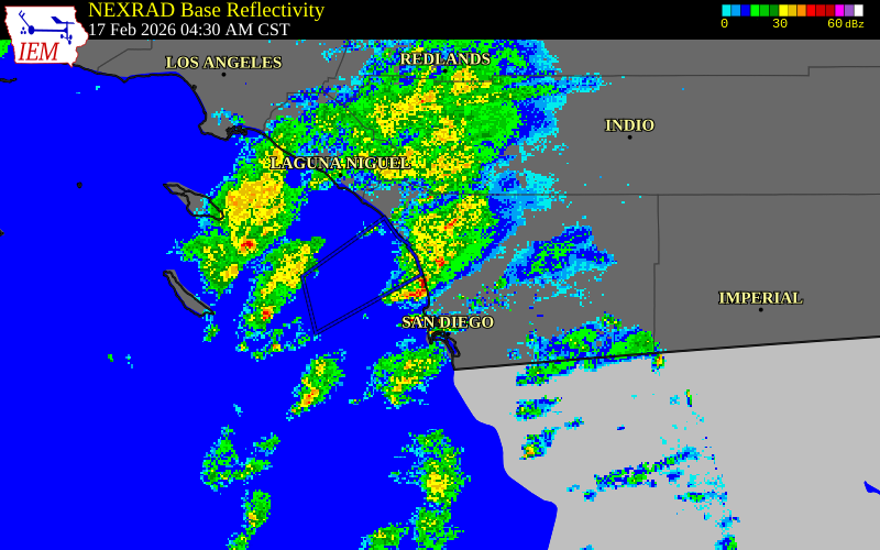 NEXRAD radar during the Tuesday, February 17, 2026 storm activity in San Diego County, California