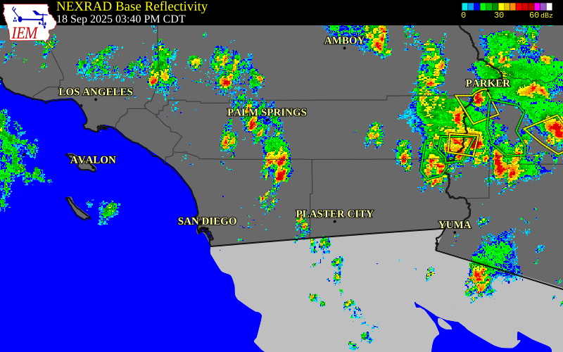 Radar snapshot during the Sep 18, 2025 wind event near 2 W Borrego Springs, San Diego County, California, with NWS warning polygons