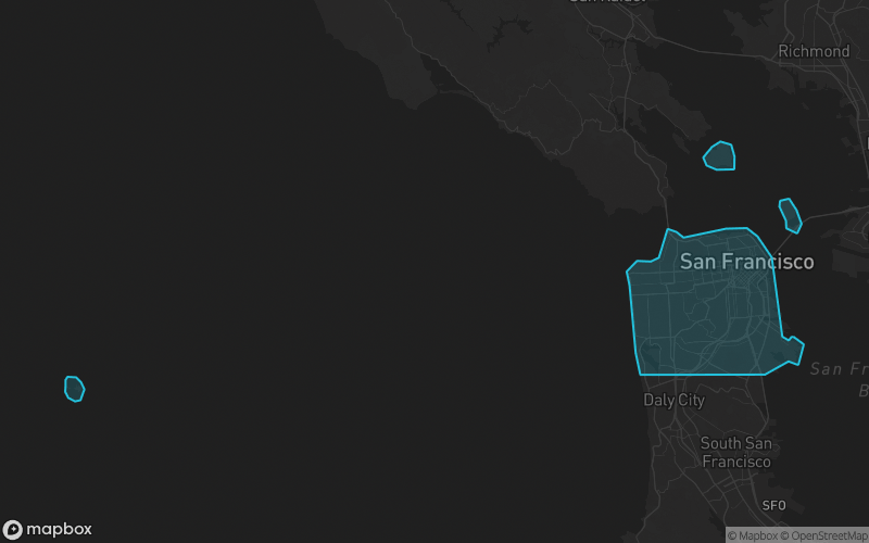 Map of San Francisco County, California showing the county boundary and surrounding cities