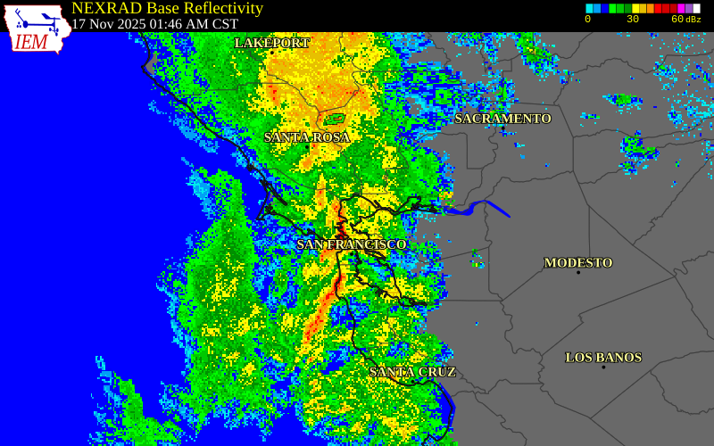 NEXRAD radar during the Sunday, November 16, 2025 storm activity in San Francisco County, California