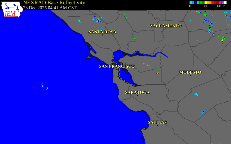 NEXRAD radar during the Tuesday, December 23, 2025 storm activity in San Francisco County, California