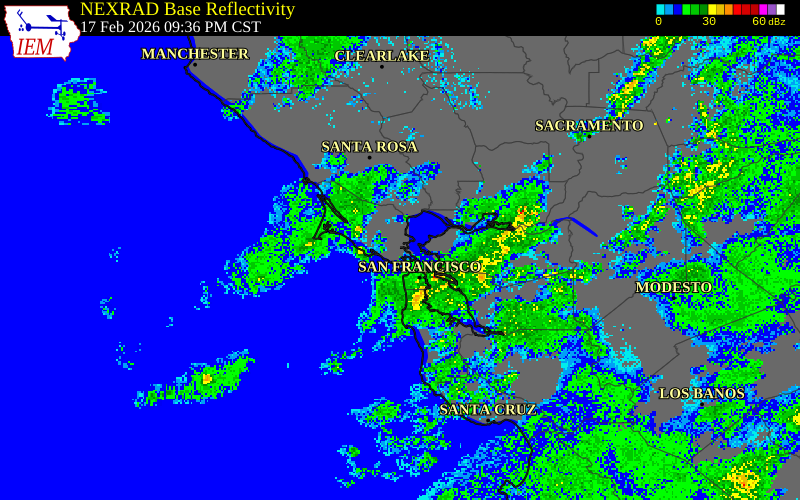 NEXRAD radar during the Tuesday, February 17, 2026 storm activity in San Francisco County, California