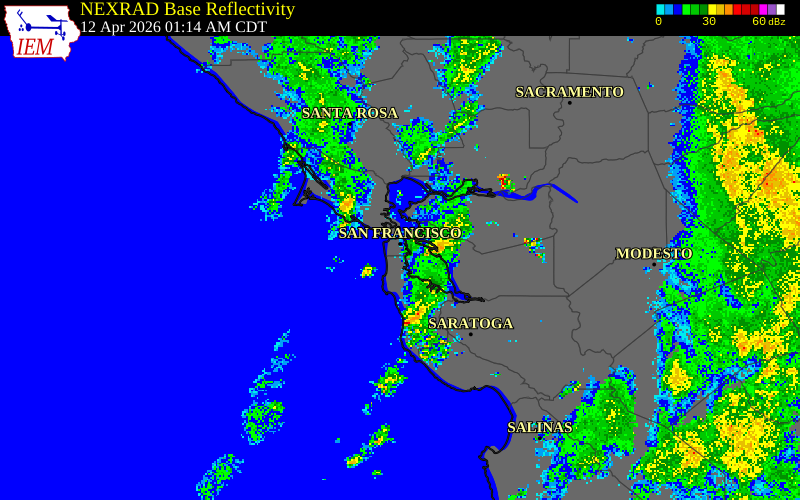 NEXRAD radar during the Saturday, April 11, 2026 storm activity in San Francisco County, California