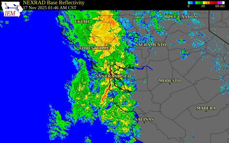 Radar snapshot during the Nov 16, 2025 hail event near San Francisco County, San Francisco County, California, with NWS warning polygons