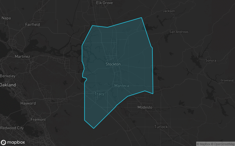 Map of San Joaquin County, California showing the county boundary and surrounding cities
