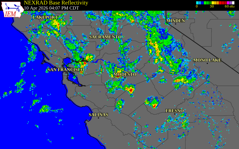 Radar snapshot during the Apr 10, 2026 hail event near Ripon, San Joaquin County, California, with NWS warning polygons