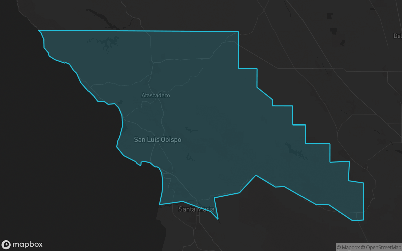 Map of San Luis Obispo County, California showing the county boundary and surrounding cities