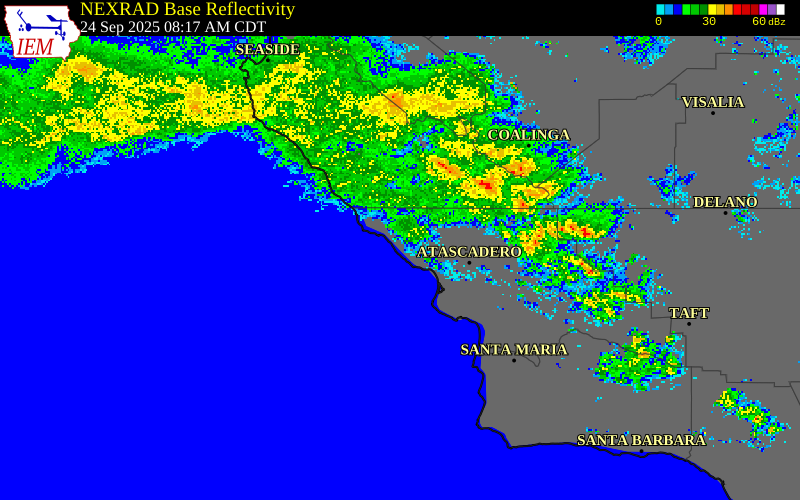 NEXRAD radar during the Wednesday, September 24, 2025 storm activity in San Luis Obispo County, California