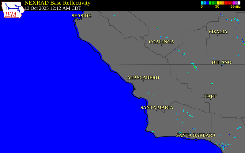 NEXRAD radar during the Sunday, October 12, 2025 storm activity in San Luis Obispo County, California