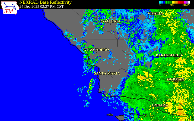 NEXRAD radar during the Wednesday, December 24, 2025 storm activity in San Luis Obispo County, California