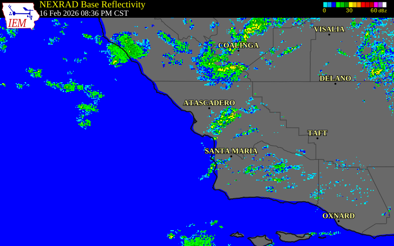 NEXRAD radar during the Monday, February 16, 2026 storm activity in San Luis Obispo County, California