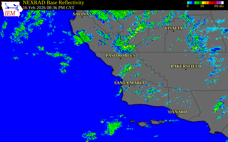 Radar snapshot during the Feb 16, 2026 wind event near 1 N Los Osos, San Luis Obispo County, California, with NWS warning polygons