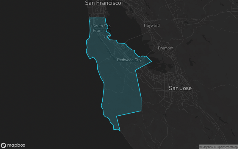 Map of San Mateo County, California showing the county boundary and surrounding cities