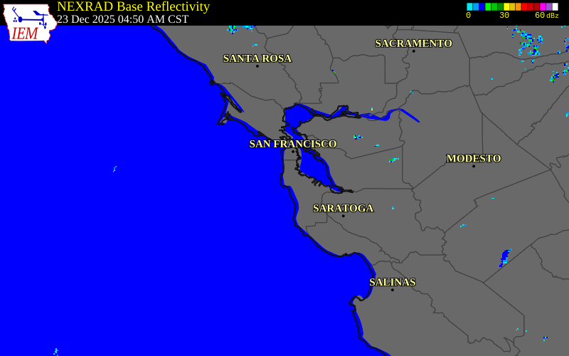 NEXRAD radar during the Tuesday, December 23, 2025 storm activity in San Mateo County, California