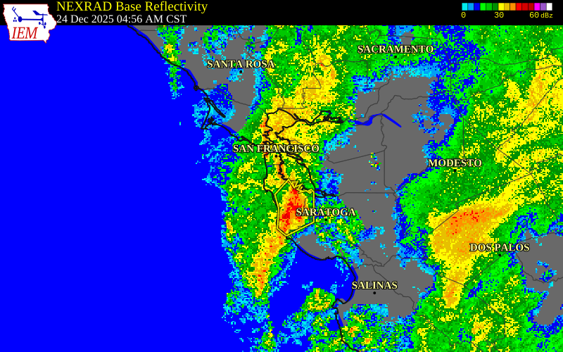 NEXRAD radar during the Wednesday, December 24, 2025 storm activity in San Mateo County, California