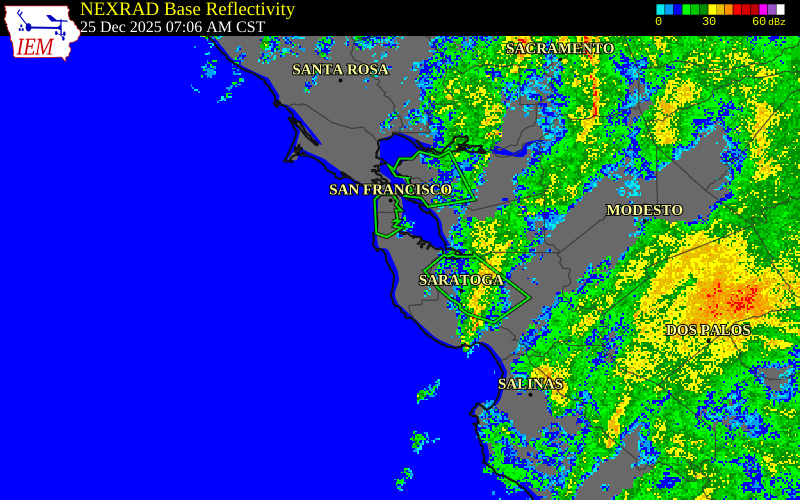 NEXRAD radar during the Thursday, December 25, 2025 storm activity in San Mateo County, California