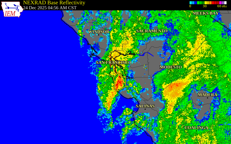 Radar snapshot during the Dec 24, 2025 wind event near 2 NE Millbrae, San Mateo County, California, with NWS warning polygons