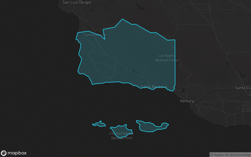 Map of Santa Barbara County, California showing the county boundary and surrounding cities