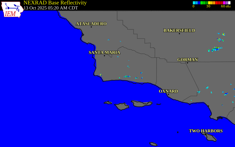 NEXRAD radar during the Monday, October 13, 2025 storm activity in Santa Barbara County, California