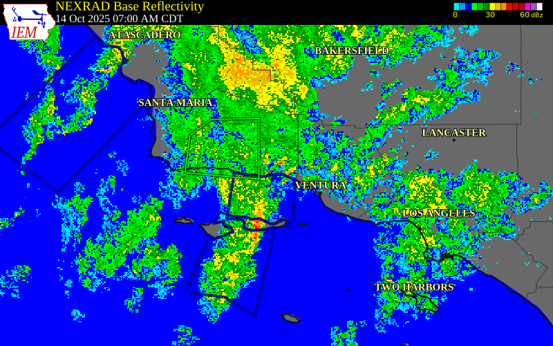 NEXRAD radar during the Tuesday, October 14, 2025 storm activity in Santa Barbara County, California