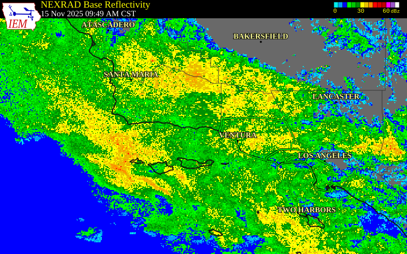 NEXRAD radar during the Saturday, November 15, 2025 storm activity in Santa Barbara County, California