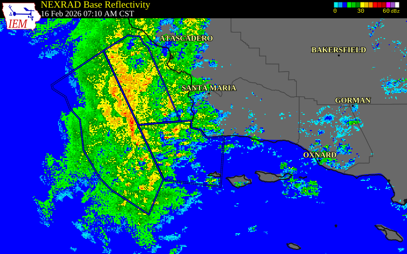 NEXRAD radar during the Monday, February 16, 2026 storm activity in Santa Barbara County, California