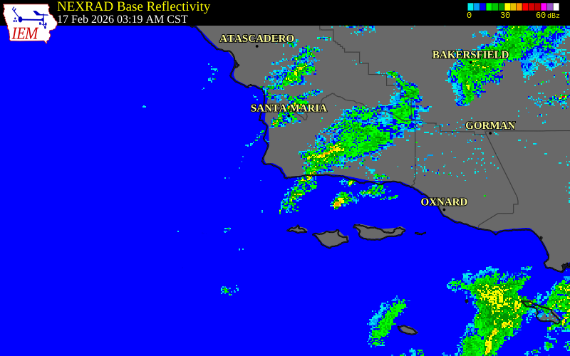 NEXRAD radar during the Tuesday, February 17, 2026 storm activity in Santa Barbara County, California