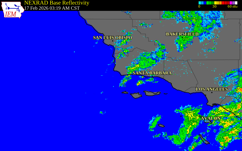 Radar snapshot during the Feb 17, 2026 wind event near 12 SE Point Arguello, Santa Barbara County, California, with NWS warning polygons