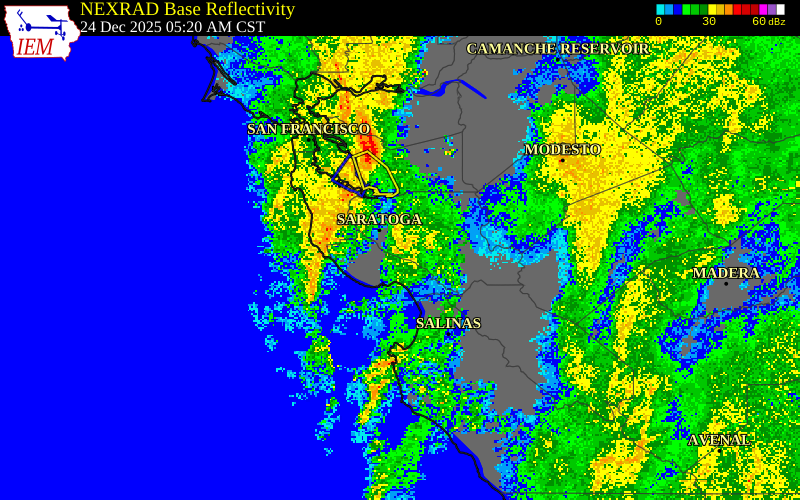 NEXRAD radar during the Wednesday, December 24, 2025 storm activity in Santa Clara County, California