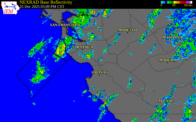 NEXRAD radar during the Thursday, December 25, 2025 storm activity in Santa Clara County, California