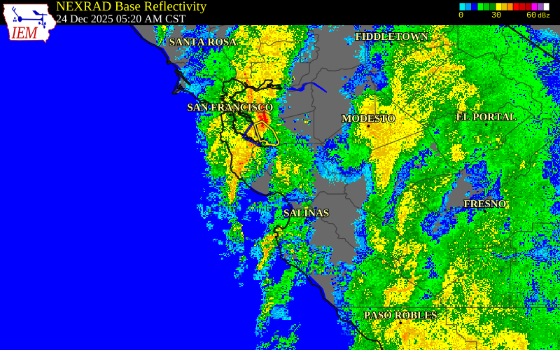 Radar snapshot during the Dec 24, 2025 wind event near 4 E Lexington Hills, Santa Clara County, California, with NWS warning polygons
