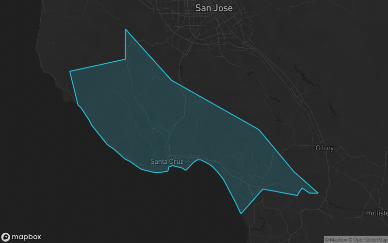 Map of Santa Cruz County, California showing the county boundary and surrounding cities