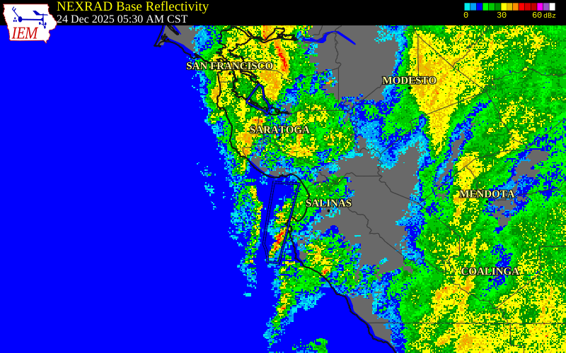 NEXRAD radar during the Wednesday, December 24, 2025 storm activity in Santa Cruz County, California