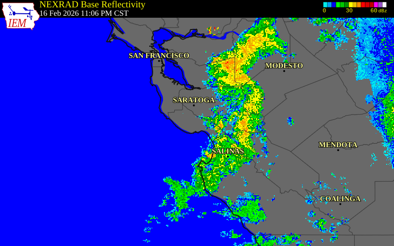 NEXRAD radar during the Monday, February 16, 2026 storm activity in Santa Cruz County, California