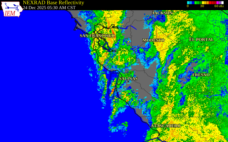 Radar snapshot during the Dec 24, 2025 wind event near 2 SW Live Oak, Santa Cruz County, California, with NWS warning polygons