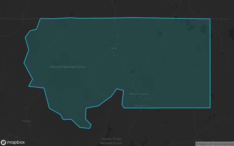 Map of Siskiyou County, California showing the county boundary and surrounding cities