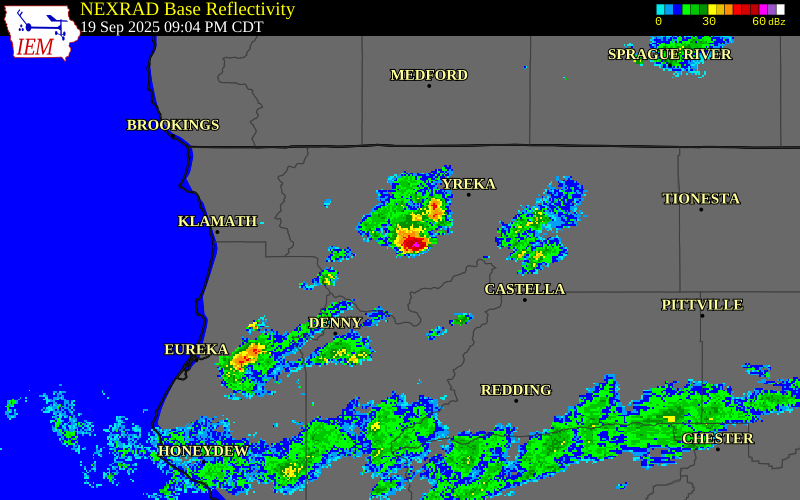 NEXRAD radar during the Friday, September 19, 2025 storm activity in Siskiyou County, California
