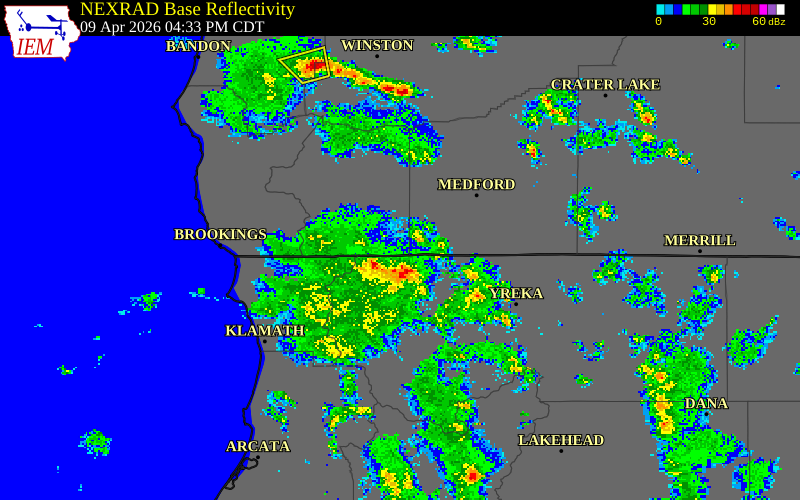NEXRAD radar during the Thursday, April 9, 2026 storm activity in Siskiyou County, California