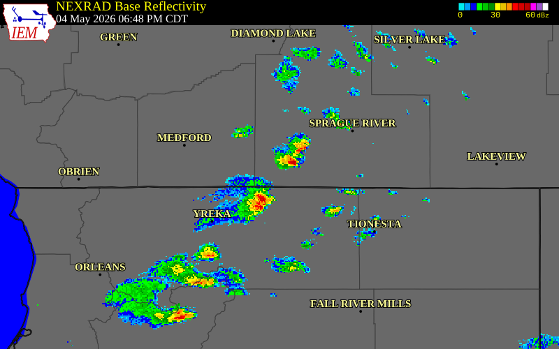NEXRAD radar during the Monday, May 4, 2026 storm activity in Siskiyou County, California